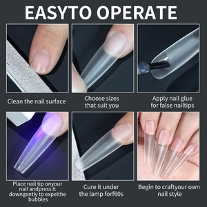 Extra long trapezoid clear nail tips application guide showing six-step DIY manicure
