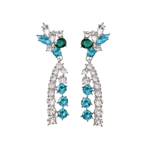 Vintage flower tassel earrings with green and blue crystals in silver-tone finish