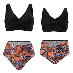 Detail of S-size two-piece bikini with black wrap top and paisley high waist bottom