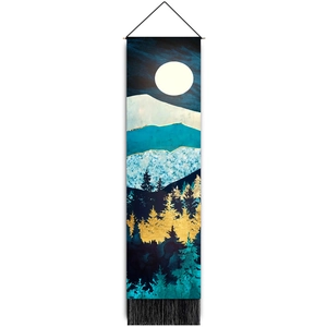 Artistic mountain landscape tapestry with sun and black tassels for wall decoration
