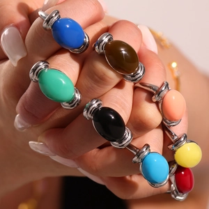 Chic oval resin rings in assorted candy colors with polished silver adjustable bands