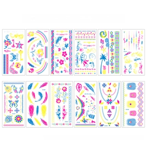 Detailed grid showing 12 UV neon tattoo sheets with floral and geometric patterns