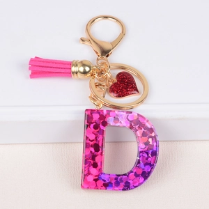 Letter D keychain with rose red tassel, heart charm and pink glitter resin inlay