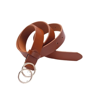Classic brown leather belt with gold double ring buckle on a clean white background