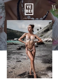 Close-up of bohemian layered shell necklace and metallic jewelry with beach bikini style
