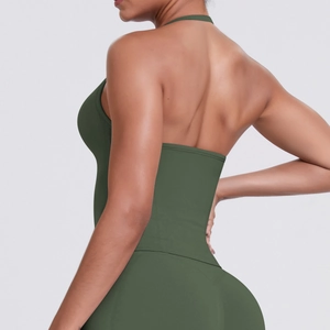 Detail of cross-back strap design on olive green high-impact yoga sports bra for women