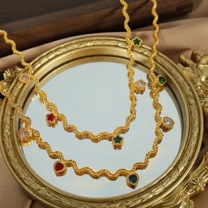 Elegant gold wave chain necklace with colorful heart and star zircon charms for women