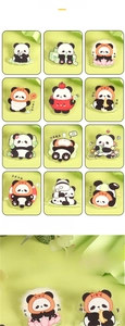 Macro detail of acrylic panda brooches with various cute cartoon illustrations and phrases