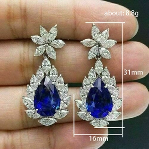 Luxury blue pear-shaped drop earrings with white stones and 31mm size measurement