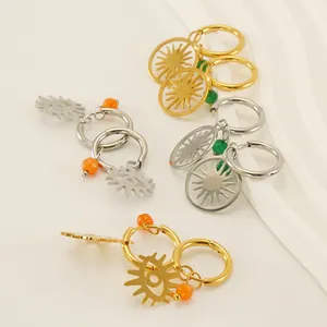 Boucles D'oreilles Créoles Soleil Œil De Démon Acier Inoxydable Plaqué Or 18K Avec Perles En Pierre Naturelle Pour Femmes