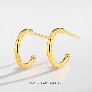 925 Sterling Silver C-Shaped Stud Earrings Minimalist Geometric Half Round Hoop Earrings For Women Fashion Jewelry Gold Silver Plated