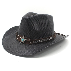 Chapeau De Cowboy Occidental Paille Tressée Large Bord Protection Solaire Ceinture Ethnique Étoile Badge Turquoise