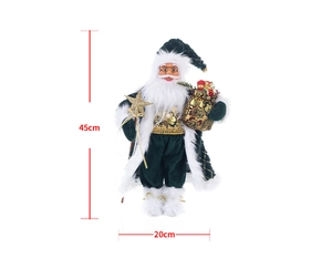 Detailed front view of a 45cm Santa Claus figurine in green velvet robe with dimensions