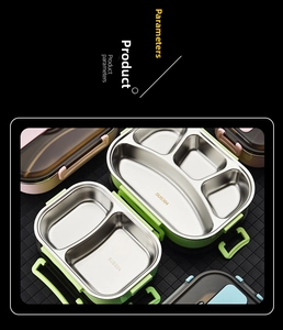 Detail of multi-compartment SUS304 stainless steel lunch box with colorful plastic shell
