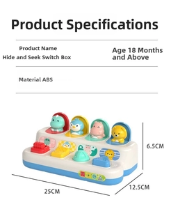 Detailed specs for ABS peek-a-boo toy box showing 25cm size and 18m+ age limit