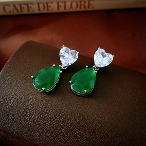 Vintage heart and pear-shaped green zircon drop earrings with silver needles
