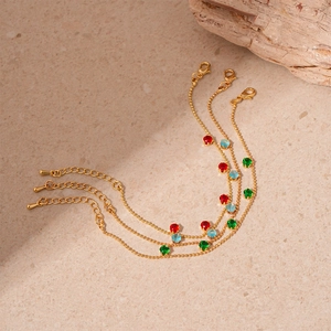 Three-piece gold bead chain bracelets with colorful zircon stones and lobster clasps
