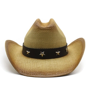 Classic straw western cowboy hat with wide brim and silver star studs on leather band
