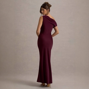 Elegant wine red one-shoulder slim fit floor-length evening dress with fish tail silhouette