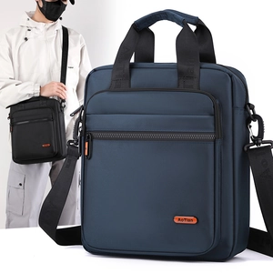 Vertical blue nylon business messenger bag with adjustable shoulder strap for men
