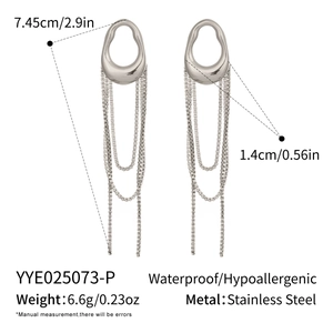 Detailed dimensions of stainless steel geometric tassel earrings with chain drop