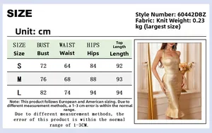 Size chart for the gold knit fishtail evening dress detailing bust and waist dimensions