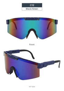 Front and 45-degree side views of rainbow coated sport sunglasses with gold flecked frames