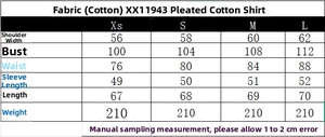 Detailed size guide table for women's pleated poplin shirt showing XS to L dimensions