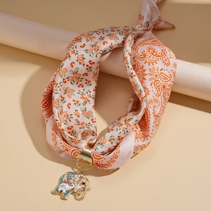 Floral silk scarf sweater necklace with pearl elephant pendant and rhinestones