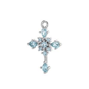 Luxury silver cross pendant with light blue pear-shaped and round-cut crystals