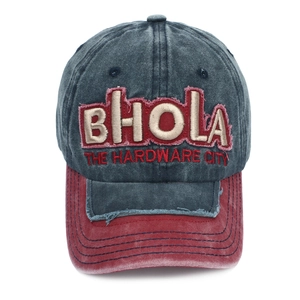 Macro detail of navy vintage washed fabric with BHOLA 3D embroidery on baseball cap