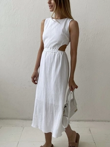 Sleeveless Cotton Crinkle Gauze Maxi Dress For Women Elegant Round Neck Waist Cut Out Back Button Vacation Casual