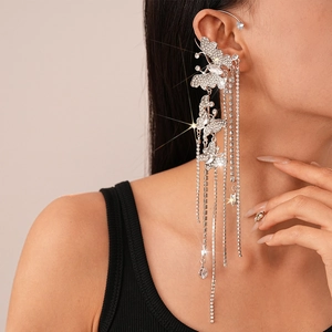 Sparkling silver butterfly ear cuff with long rhinestone tassels and zircon embellishments