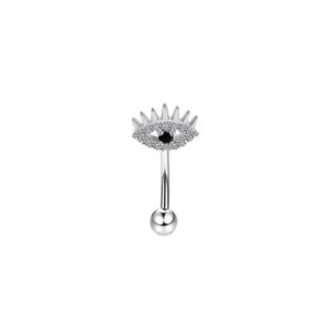 Silver devil eye belly button ring with sparkling crystals and black stone on white background