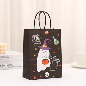 Halloween paper gift bag with ghost in wizard hat, pumpkin and black cat illustration