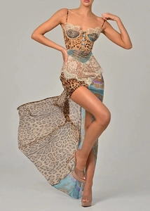 Detail showing leopard print and lace patchwork on a chiffon slip dress with side slit