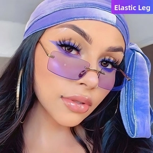 Close-up of rimless purple sunglasses with spring hinges worn by a stylish model
