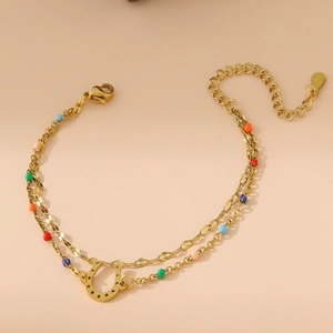 Double-layer stainless steel 18K gold bracelet with horseshoe charm and colorful beads