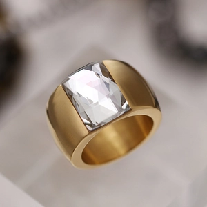 Gold titanium steel wide band ring with a large square cut transparent crystal stone