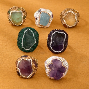 Adjustable raw amethyst and aquamarine open ring with sparkling diamond pavé details