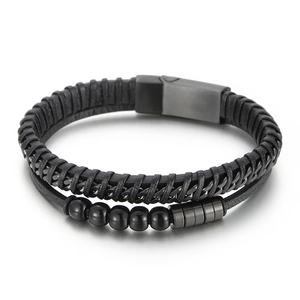 Men's punk multi-layer braided leather bracelet with stainless steel beads and magnetic clasp