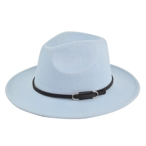 Close-up of light blue wool fedora hat with black leather band and silver metal buckle