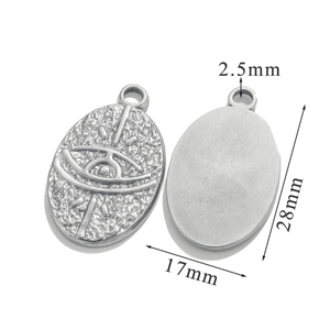 Detailed dimensions of silver stainless steel oval eye pendant, 28mm by 17mm size view