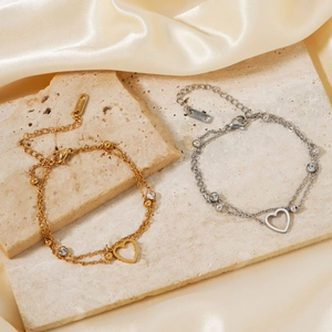 Süßes Doppellagiges Kupfer Herz Anhänger Armband Für Damen Elegant Gold Silber Strass Verstellbares Kettenarmband Schmuck