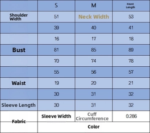 Detailed size chart for pink mercerized cotton short sleeve knit top in sizes S to L