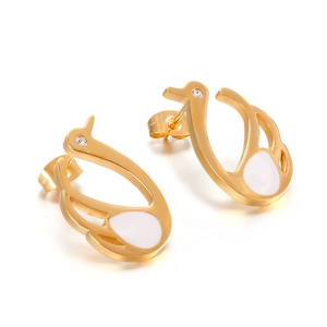 Elegant gold swan stud earrings with white enamel finish and sparkling zircon stones