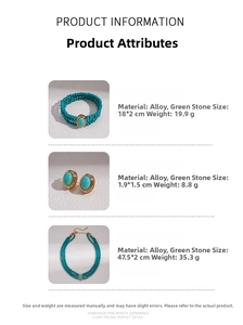 Detail view of green stone beaded necklace, bracelet, and earrings set with measurements
