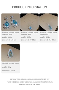 Detailed product specifications for blue teardrop jewelry sets including sizes and materials