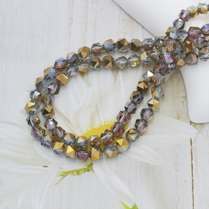 Faceted 6mm iridescent crystal glass beads with metallic luster on white floral background