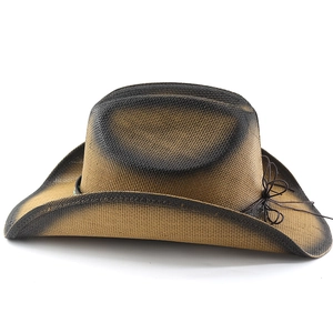 Detail of tan woven western cowboy hat with black gradient brim and cord bow accessory